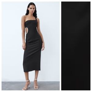 NWT. Zara Black Asymmetric Cut-Out Midi Dress with Rhinestone. Size S.